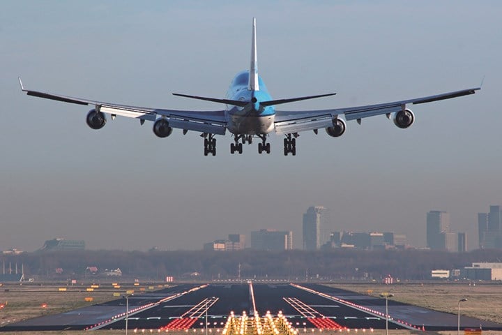 Airplane is about to land at an airport