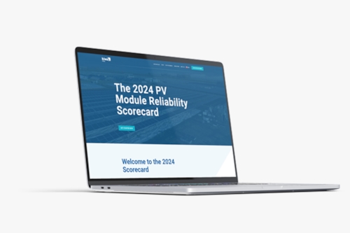 A laptop displaying the "2024 PV Module Reliability Scorecard", marking the tenth edition of Kiwa PVEL's annual report.