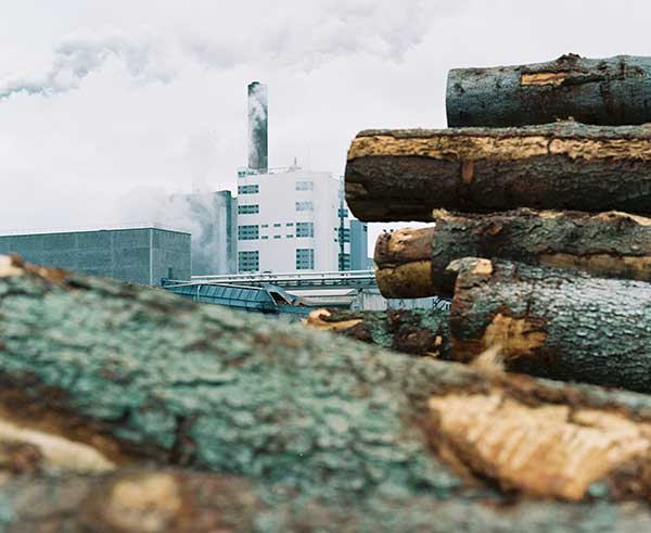 Industriell fabrik med skorstenar som ryker, sedd bakom staplade stockar i förgrunden.