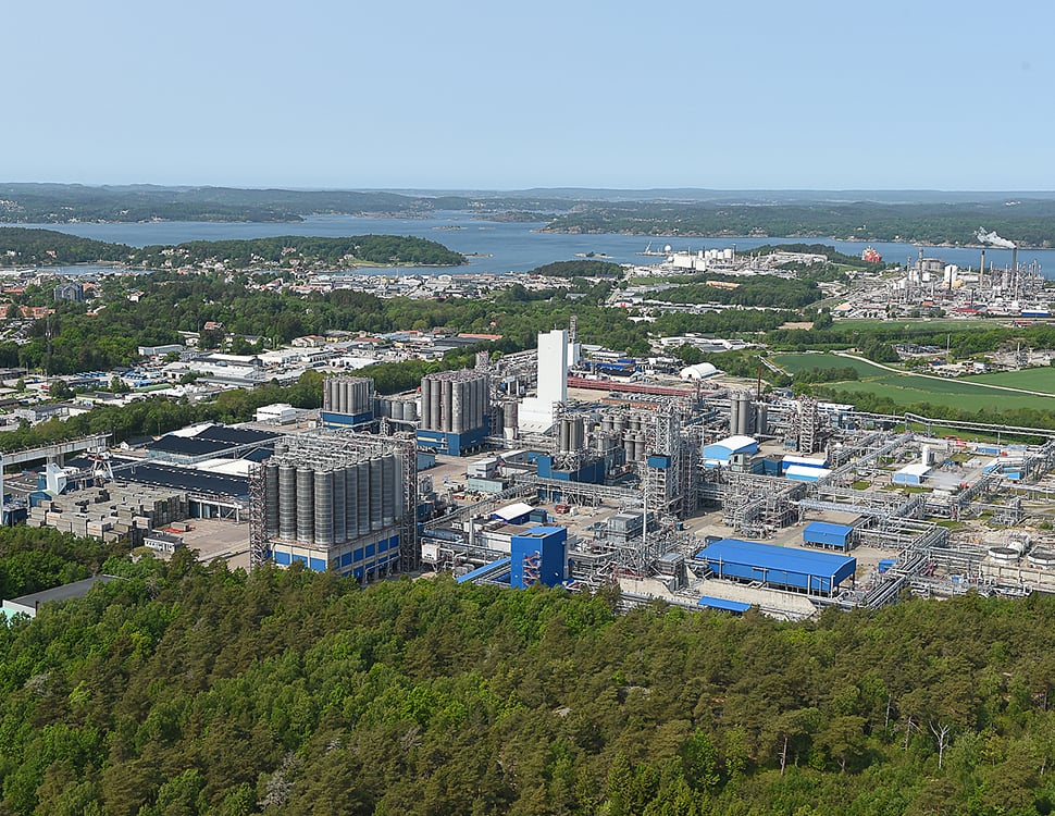 Flygbild över Borealis produktionsanläggningar i Stenungsund,