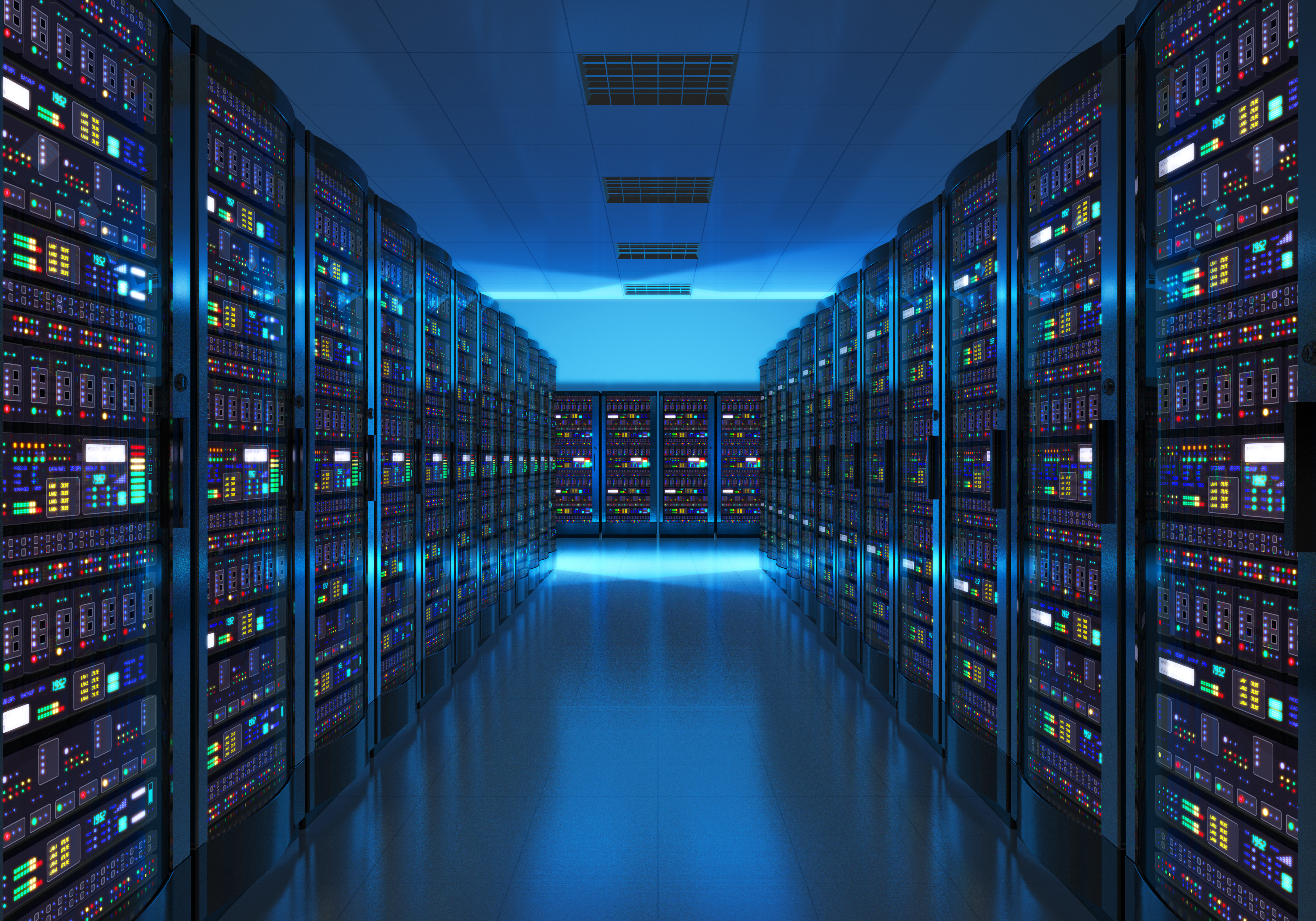 Modern data center interior with rows of illuminated server racks, showcasing advanced technology infrastructure and network connectivity