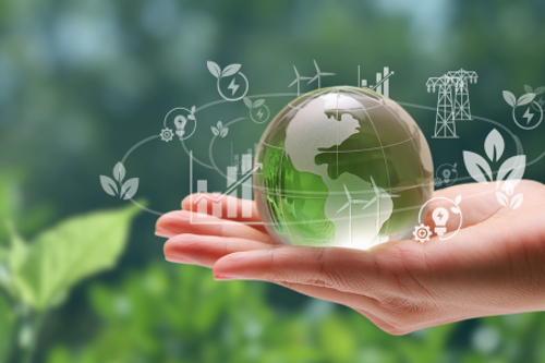Hand holding a transparent globe with sustainable energy icons, symbolizing environmental conservation and renewable energy on a blurred green background