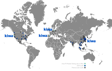 World map highlighting Kiwa PV module testing labs and offices with audit locations in the USA, Europe, and Asia