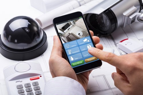 smartphone screen displaying a live-image of an eletronic security system.