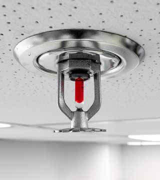 Nærbillede af en sprinkler i et lofthængt brandslukningssystem med synlig rød aktiveringsdel.