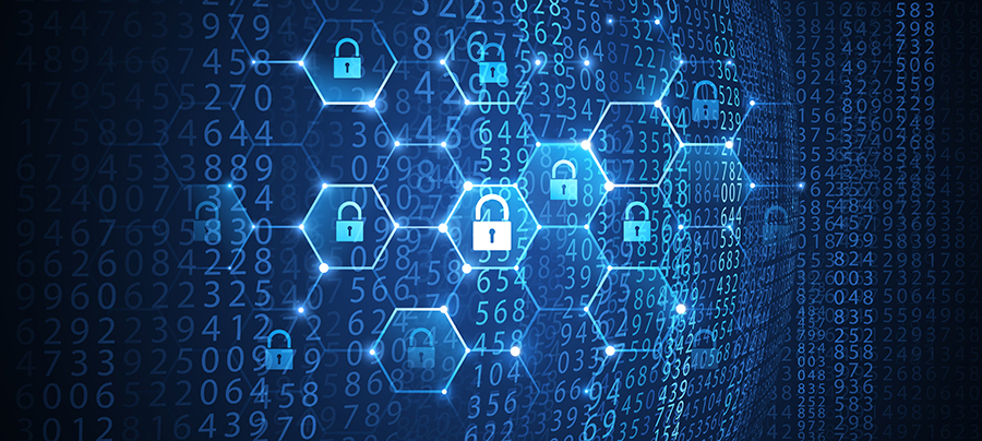Digital cybersecurity concept with glowing padlock icons within hexagonal shapes over a matrix of numerical data.