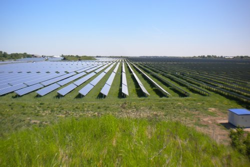 Expansive solar farm with rows of photovoltaic panels on a sunny day, highlighting sustainable energy production in a grassy field