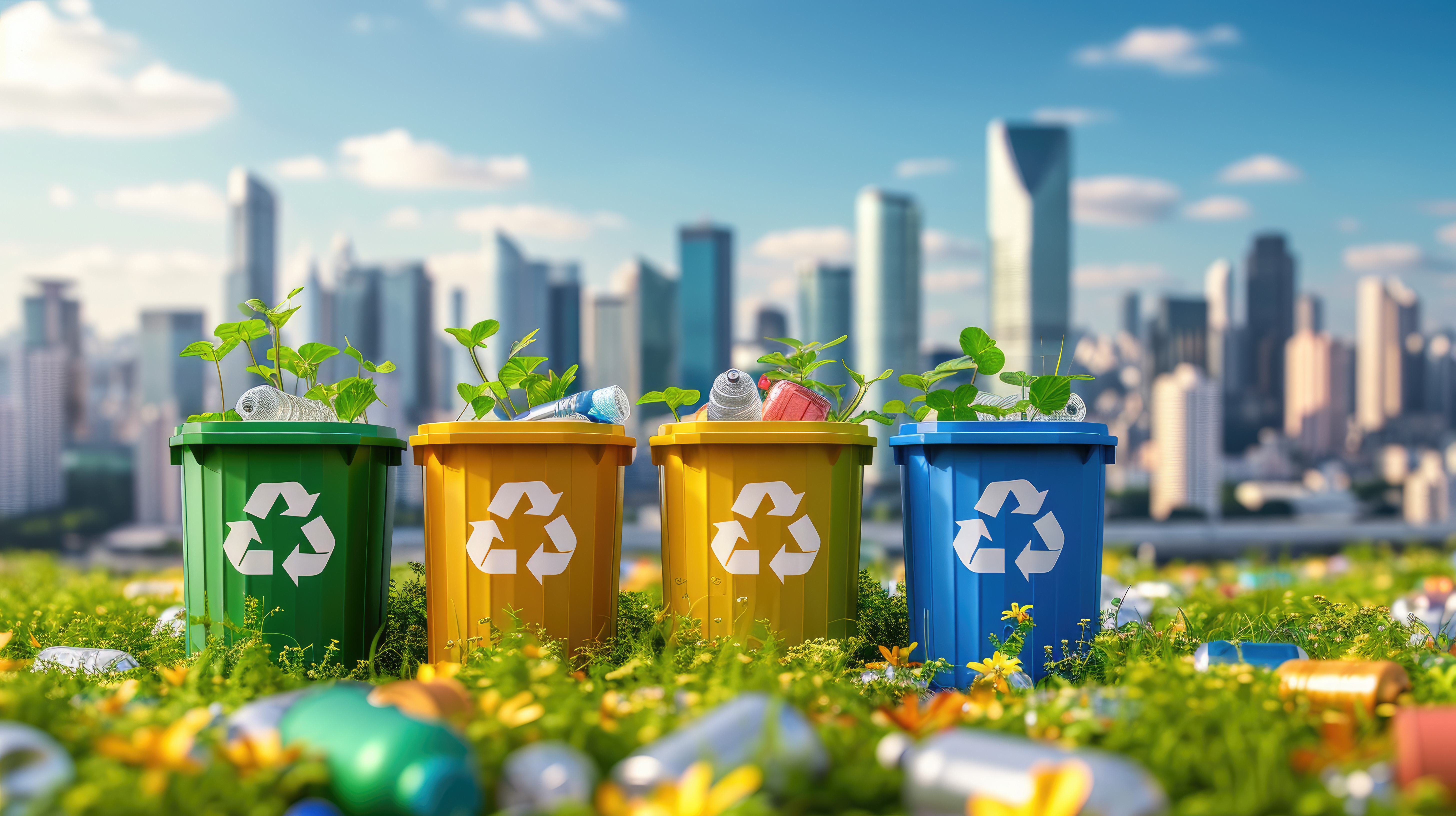 Fyra färgade återvinningskärl med återvinningssymboler står i gräset framför en stadssilhuett, med plastflaskor och gröna växter runtom som illustrerar återvinningscertifiering av att platsförpackningar där plastförpackningar sorteras för att sedan återvinnas. 