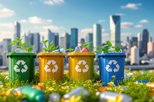 Fyra färgade återvinningskärl med återvinningssymboler står i gräset framför en stadssilhuett, med plastflaskor och gröna växter runtom som illustrerar återvinningscertifiering av att platsförpackningar där plastförpackningar sorteras för att sedan återvinnas.